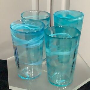 Set of Four Hand Blown Crystal Aquamarine Blue Swirl High Ball  Glass Tumblers